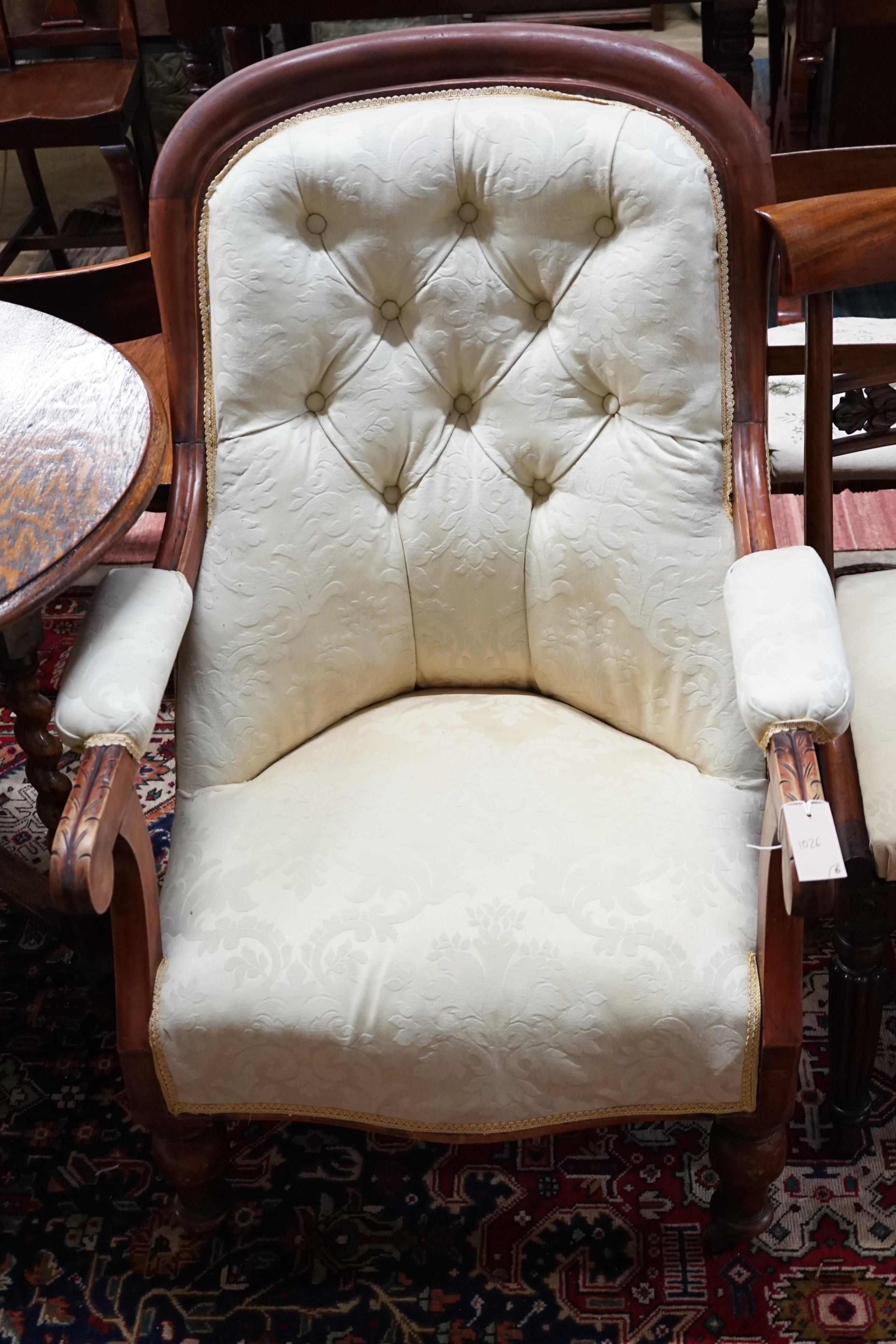 Two pairs of William IV mahogany dining chairs, a Victorian mahogany armchair and a bedroom chair